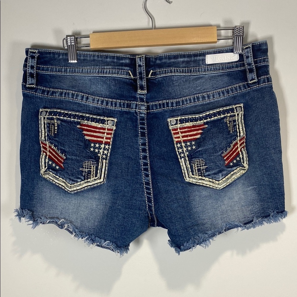 Vigoss Patriotic American Flag Denim Shorts Y2K Embroidered Size 16